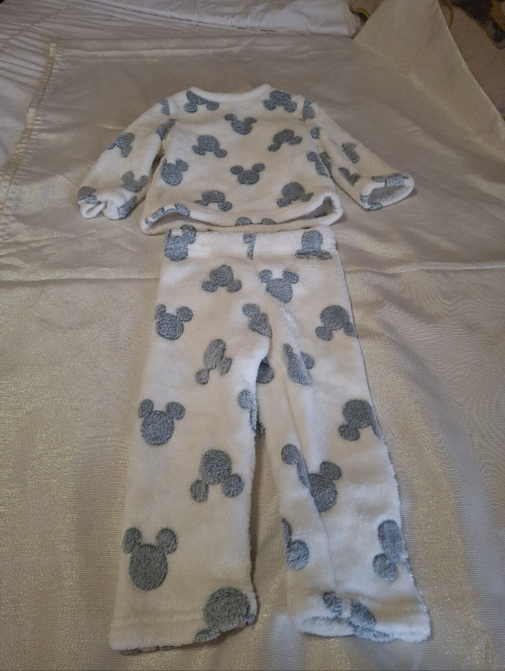 Disney White Fleece Pajama Set with Gray Mickey Silhouettes